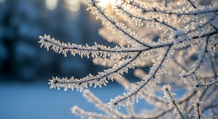 Obraz premium Close up of frost covered tree branch with ice crystals on blue winter background