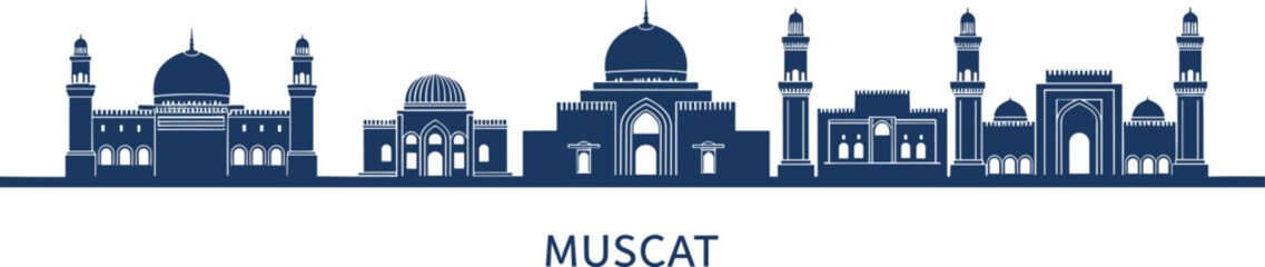 Muscat city skyline with mosques and traditional architecture in blue silhouette © Shamimara creative 