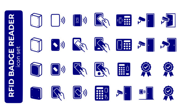 RFID Badge Reader Card-Reader Access-Reader RFID-Scanner Door-Security Black-Box Wall-Reader Vector Icon Set - Badge Scanner