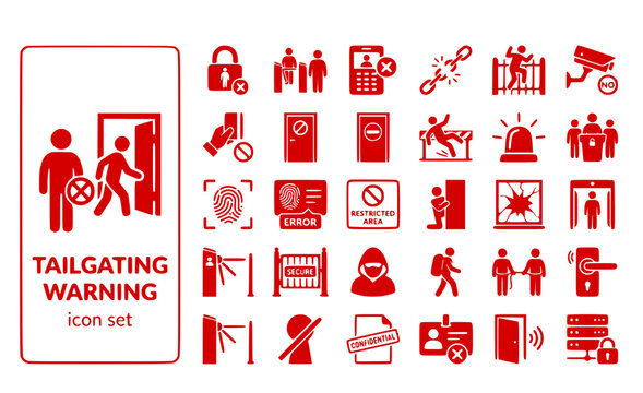Tailgating Warning Security-Breach Unauthorized-Entry Access-Violation Piggybacking-Prevention Sneaking-Behind Prohibited-Entry Vector Icon Set - Access Violation