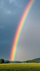 Fototapeta premium Stunning rainbow appears over green fields nature landscape calm environment scenic viewpoint vibrant concept