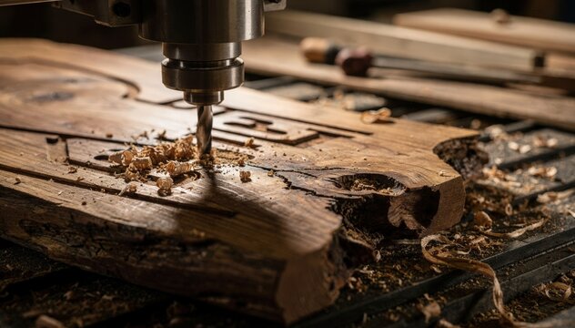 Closeup medium shot of CNC router crafting rustic wooden plaques with textured edges perfect for outdoor signage blending natural charm and durability.