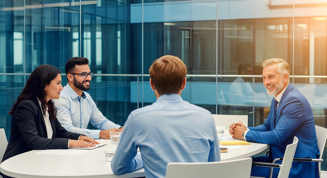 Business professionals engaged in a meeting around a circular table in a modern office conference room setting together