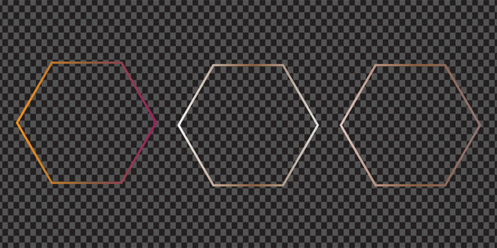 Set of three gold, silver and rose gold glowing rounded hexagon frames isolated on dark transparent background. Shiny frame with glowing effects. Vector illustration