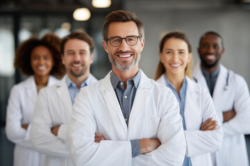  Team of diverse smiling doctors with white space below for National Doctors&rsquo; Day messaging.
