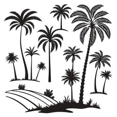 Naklejka premium A black and white drawing of palm trees on an island Vector