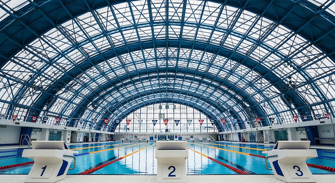 Large Indoor Swimming Pool with Glass Roof and Starting Blocks in a Modern Professional Sports Facility