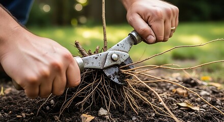 Pruning a young plant with garden shears in an outdoor garden bed