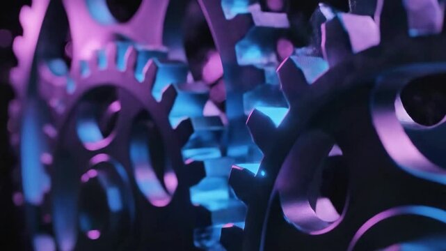 Close-up of interlocking metal gears with purple and blue hues