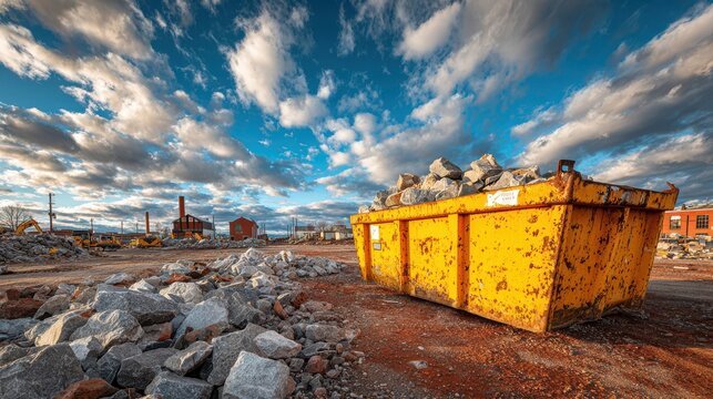Rusty Yellow Skip Full of Rocks at a Demolition and Construction Site with Industrial Background and Dramatic Sky