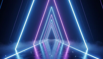 Naklejka premium Futuristic neon triangle tunnel with glowing blue and purple light beams and smoke