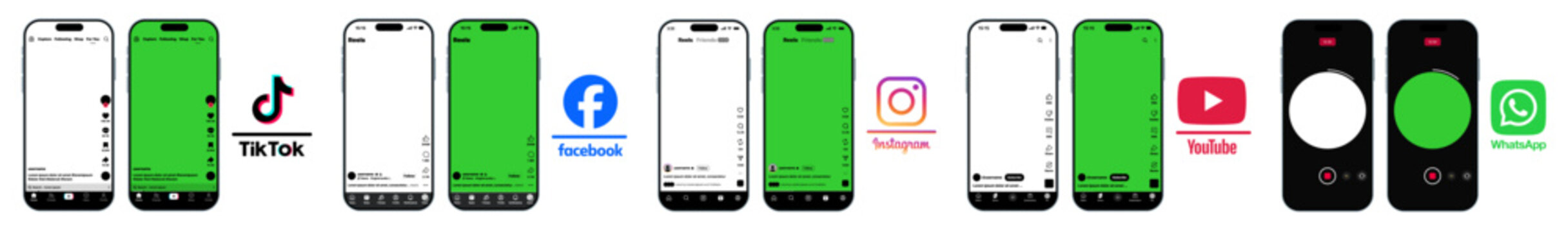 TikTok Facebook Instagram YouTube WhatsApp post reels shorts video call elements on transparent PNG and green screen with editable frames buttons overlays and creator ready social media layout assets