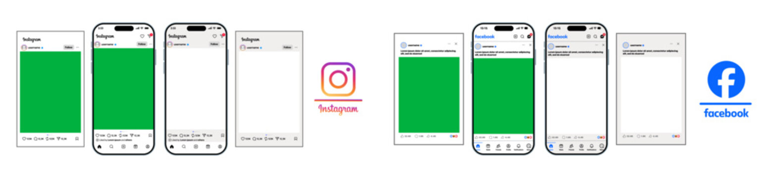 Instagram and Facebook post mockup on iPhone with carousel post elements on transparent PNG and green screen showing feed layout like comment share buttons profile header and editable social media.
