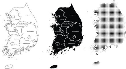 South Korea map vector set with provinces black silhouette and pixel grid isolated on white © vector touch