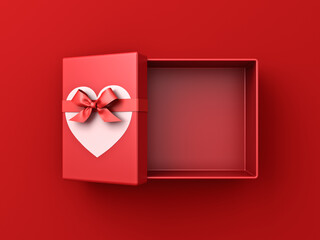Blank white love heart card sign on top of red present box lid cover or gift box tied with red ribbon bow isolated on dark red background with shadow minimal valentines day conceptual 3D rendering