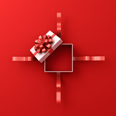 Blank gift box open or top view of white present box tied with red ribbon bow isolated on dark red background with shadow minimal conceptual 3D rendering