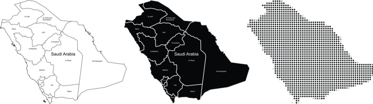 Saudi Arabia vector map with regions and outline black and white gray variations