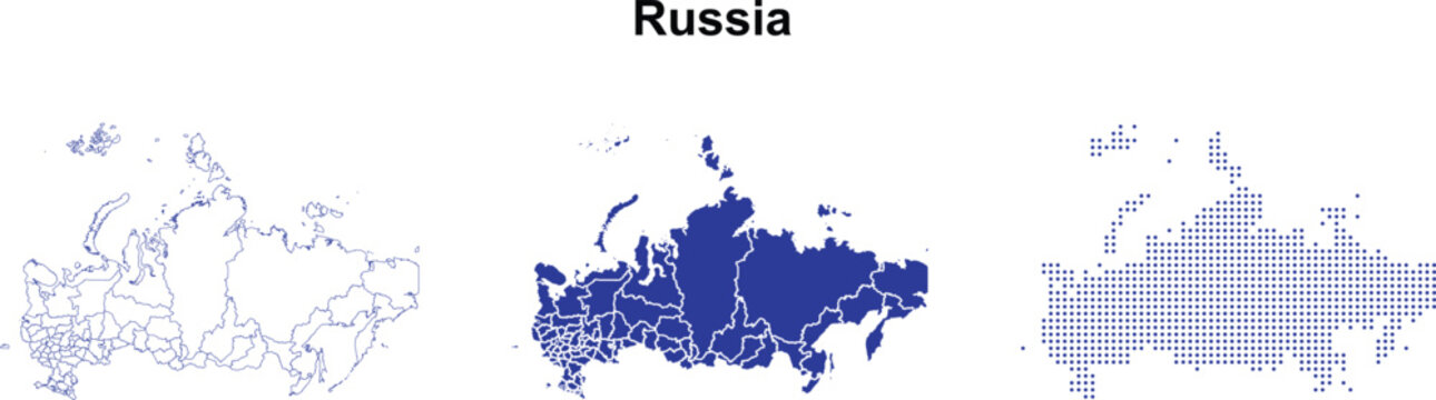 Russia map vector outline solid blue and light blue dotted textures isolated on white