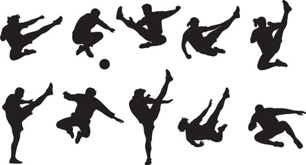 Obraz premium Silhouettes of soccer players in various kicking positions action