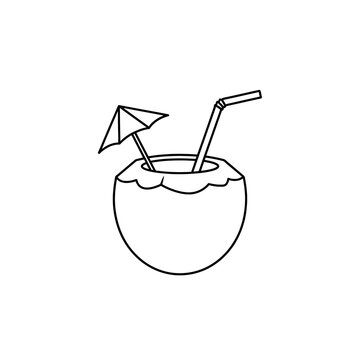 Coconut drink with umbrella and straw isolated on transparent background