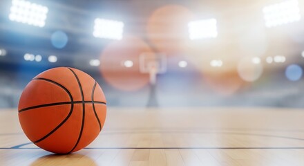 Naklejka premium Basketball on a hardwood court with blurred stadium lights in the background