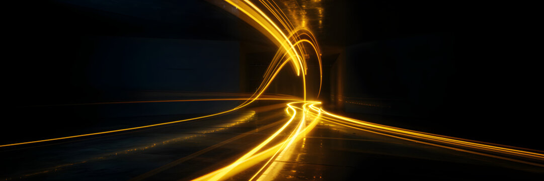 3d render, abstract neon wallpaper. Yellow glowing lines over black background. Streaming energy