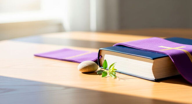 bible on wooden table with purple Lent cloth and small branch arranged in soft natural light. Image can be used for Lent season publications, church materials, and Christian devotional themes.