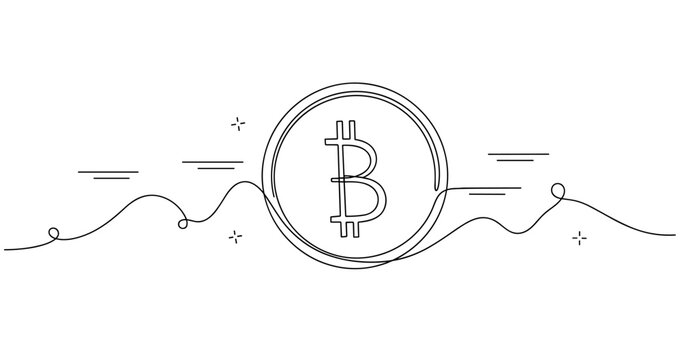 Minimalist bitcoin icon on white background with abstract wave design. None editable stroke