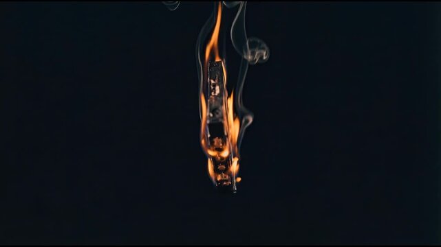 A burning cassette tape floats against a dark background. Flames engulf the tape, creating a striking visual contrast with the black backdrop.