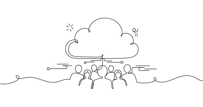 Line art illustration of diverse team connected to cloud technology. None editable stroke