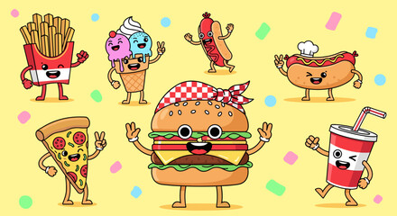 Fototapeta premium Playful Food Cartoon Characters on Yellow Background: A Cheerful and Vibrant Illustration for Kids' Products, Restaurant Menus, and Animated Content