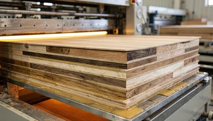 Obraz premium Medium shot focusing on mixed species veneer assembly under controlled heat and pressure highlighting the diversity of wood textures and engineered plywood manufacturing.