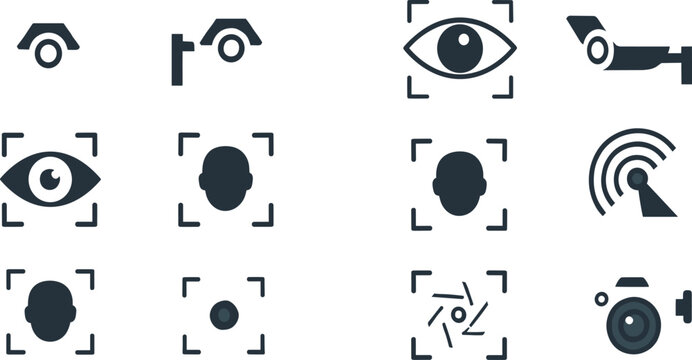 Security and Surveillance Icon Set with Face Recognition, CCTV Camera, Eye Scan, Monitoring Sensors, Detection Frames, and Smart Protection Technology Symbols