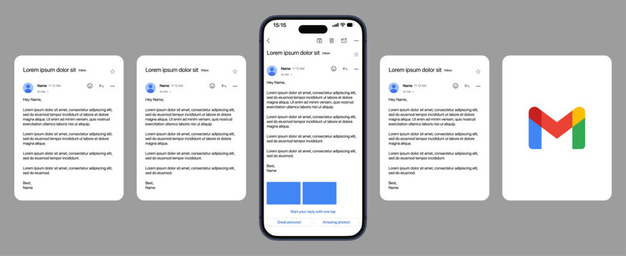 Gmail interface with carousel emails, interactive message previews, attachments, labels, search bar, and editable layout for modern email management and productivity