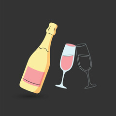 Hand drawn illustration of champagne bottle and toasting glasses