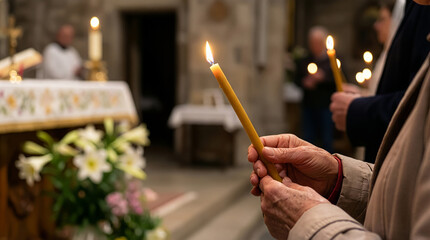 People holding lit candles during a religious service. Soft light from candles illuminates the church interior. Concept of spirituality, worship, community