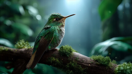 Hummingbird rests on branch in vibrant forest environment. Sunlight streams through leaves highlighting details. Concept of wildlife, nature photography, bird watching