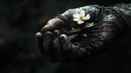 Barbed Wire Bound Hands Hope Flower Survival Symbol 