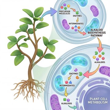 A scientific illustration showing plant alkaloid biosynthesis, linking whole plant anatomy with cellular metabolism pathways, enzymes, intermediates, and bioactive compound production.