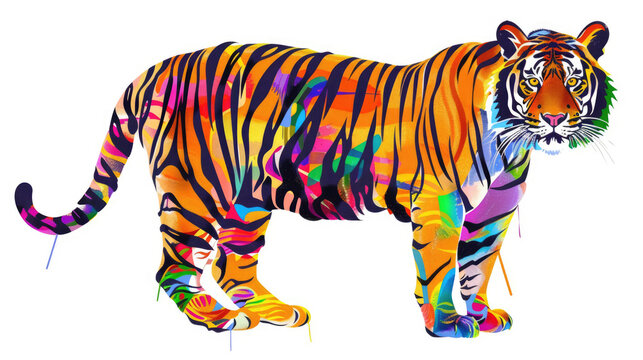 Vibrant multicolored tiger illustration with abstract artistic patterns on white background