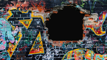 Fototapeta premium Background with hole in colorful graffiti brick wall with vibrant street art design