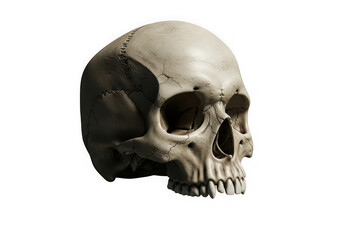 Ancient human skull with distinctive facial structure and teeth visible against plain background