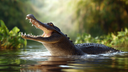 Crocodile surfaces in water with mouth open. Background features dense green vegetation with sunlight filtering through. Concept of wildlife, nature conservation, animal behavior