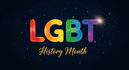 Colorful LGBT text with brush stroke effect on dark stellar background, representing diversity, inclusion, and support for LGBT history month