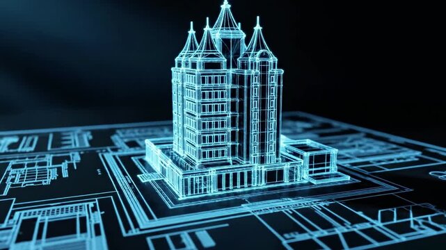 A 3D blue rendering of a large, multi-towered building sits atop a square base with detailed circuit board patterns on a black background