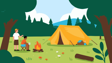Simple illustrations evoking camping. Scandinavian-inspired minimalist concept. Summer vacation. Leisure. Outdoors.