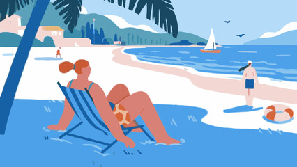 Obraz premium Simple illustrations of people enjoying their vacation at the beach. Scandinavian-inspired minimalist concept. Summer vacation.
