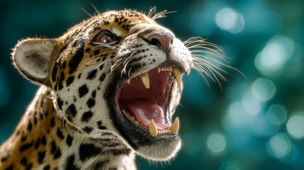 Jaguar is roaring with mouth open, displaying teeth. The background features blurred water and light. Concept of wildlife, animal conservation, nature photography
