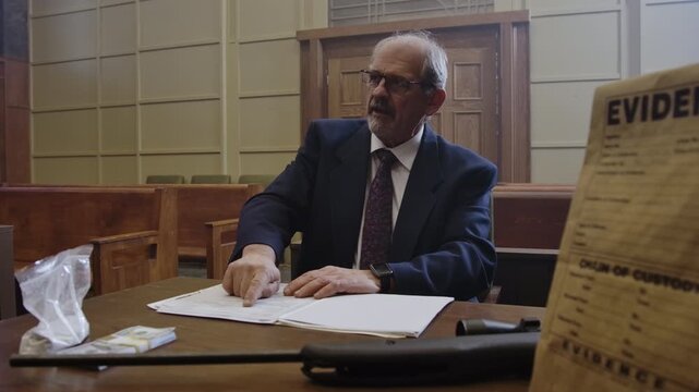 Criminal Trial lawyer in court pointing to notes - modern court room scene