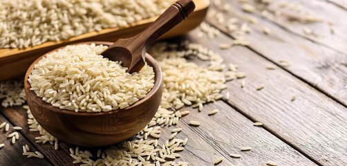 Uncooked rice grains in wooden bowl on rustic table
